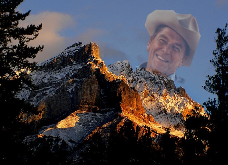 Photo of a mountain range with a Ronald Reagan head superimposed on it.
